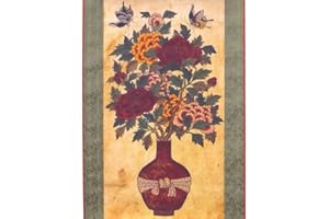 ANTIQUE ALIVE Peony Flower in Red Vase Silk Scroll Hanging Wall Art Interior Decor Handmade Asian Oriental Print Korean Folk Painting