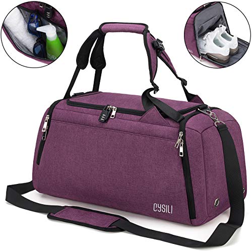 BonClare Sports Duffle Bag with Shoes Compartment and Wet Pocket, 42L Waterproof Gym Bag for Men and Women, Durable Travel Duffel Bag with Shoulder Strap and Combination Lock (A-Purple)