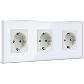 BSEED Triple Wall Plug, Schuko White Triple Socket with Glass Panel, 16A 250V Power Outlet, Extension Sockets for Kitchen, Be
