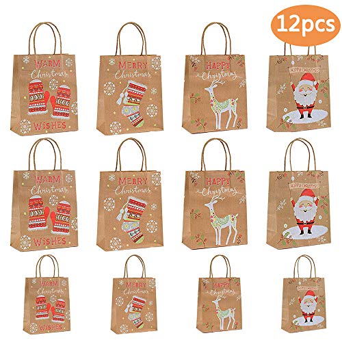 MonQi 12pcs Reciclable Bolsas de Regalo Navideñas de Papel Kraft con Asa, Reutilizable Bolsas Navideñas Bolsas De Papel De Navidad para Compras, Regalos, Bolsos de Fiesta (8 medianos + 4 pequeños)