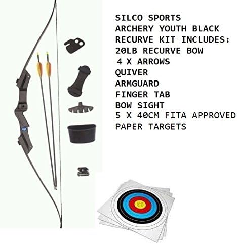 ARCHERY YOUTH KIDS BOW SET -BLACK RECURVE BOW &amp; 2XARROWS&amp; 5 X FITA APPROVED PAPER TARGETS