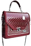  Damen Schultertasche Burgundy klassische lackierte gesteppte Handtasche an der Kette Elegante exklusive Designer-Tasche mit Stickereien Ornament