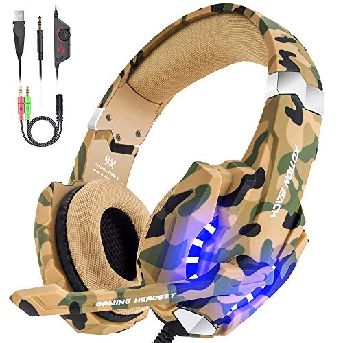 VersionTECH. Auriculares Gaming Estéreo con Micrófono Cascos Gamer Profesionales, Grave Amplificado Over-Ear Con Luz LED, Cancelación de Ruido para PS4 / PC / Nueva Xbox One (Camuflaje)