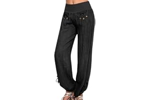 POLPQED Pantalones Mujer Informales de Lino de Algodón Pant Veraniego Trousers para Yoga Print Pantalones de Pierna Ancha Fitness Bombacho Fluidos de Chándal Plus Size Elasticos Largo de Harén Pantalón