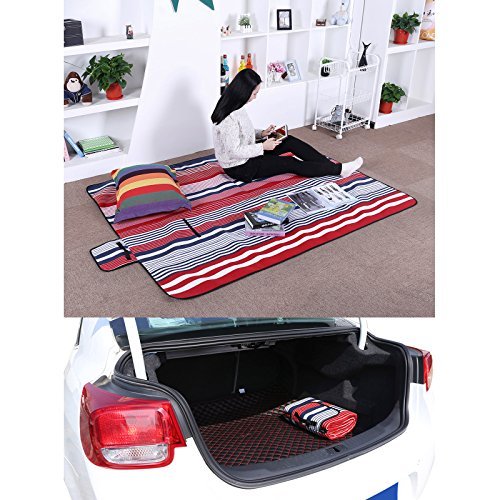 SONGMICS Picknickdecke, 200 x 200 cm, Stranddecke, Outdoor, Camping, Park, Garten, wasserfeste Unterseite, faltbar, leicht, blau-rote Streifen GCM70R – Bild 3