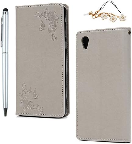 Sony Xperia L1 Wallet Case, Leather Wallet Case Flip Cover with Magnetic Closure, Strap &amp; Card Slots Embossed Butterfly Flower Shockproof for Sony Xperia L1 - Gray