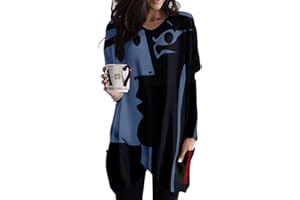 Minetom Langarmshirt Damen V-Ausschnitt Druck Lose Langarm Oberteile Oversize Lang Sweatshirt Tops Asymmetrisch Saum Jumper Pullover Mit Taschen