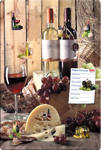 Magnettafel Wein Landhaus – Stilvolle Design Metall Magnetpinnwand 60x40 cm – Memoboard Pinnwand mit Motiv: Küche Essen & Trinken Landwein – inkl. 8 Magnete Weinfass und Weinflaschen für Magnetwand – Original GUMA Magneticum®