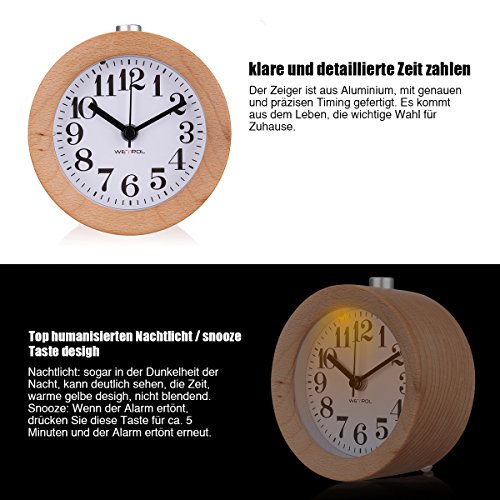 KING DO WAY Mute Kreativ Holz Wecker Handgemachte Tischuhr Snooze Funktion tickt Sanft Wecker Clock mit Nachtlicht ticken Digitale schlummer Runde hintergrundbeleuchtung Umweltfreundlich Uhr - 5