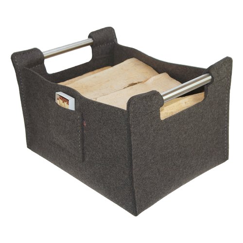 ebos panier en bois robuste, feutre de laine, poignées en acier inoxydable, utilisation polyvalente comme panier à bois de chauffage, panier de rangement, panier à journaux, panier de cheminée (gris)