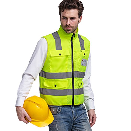 Babimax Warnwesten gelb knitterfrei reflektierende Weste Sicherheitswarnwesten mit vier Taschen im Vornen mit Reißverschluss Standardgröße Größe L Hohe Sichtbarkeit komfortabel luftdurchlässig - 2