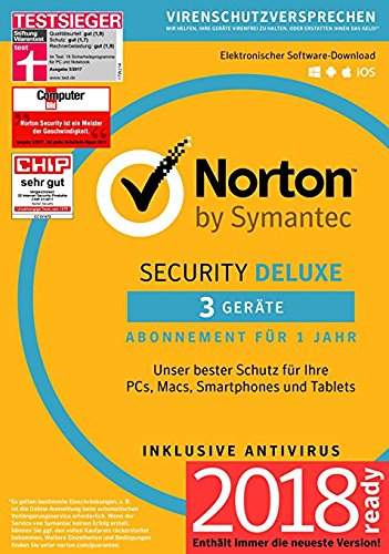 Norton Security Deluxe Antivirus Software 2018 / Zuverlässiger Virenschutz (Jahres-Abonnement) für bis zu 3 Geräte / Download für Windows (u.a. Vista, 8 & 10), Mac, Android & iOS