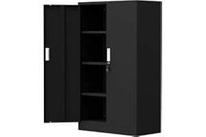iJINGUR Metal Storage Cupboard with Locking Doors and 3 Adjustable Shelves, Lockable Steel Storage Cabinet for Home Office Garage Kitchen Pantry (Black)