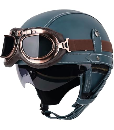 Casque Moto Vintage Cuir Rétro Open Face – Demi-Casque Jet Scooter Avec Visière & Lunettes ECE Certifié – Style Élégant Homme/Femme