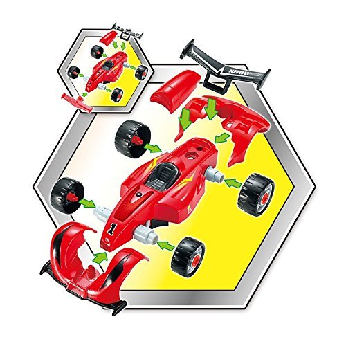 Prextex 4 in 1 Build Your Own Racer Car Set With Real Working Drill And Screws 53 Piece Take-A-Part Toy for boys And Girls with Lights and Sounds
