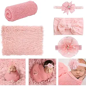 Newborn Photography Props, 4 PCS Baby Photo Props Long Ripple Wraps with Headbands, Pink Baby Photography Wrap Set for Baby Girl and Boy