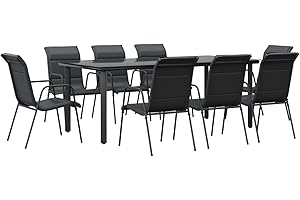 Gecheer 9-TLG. Garten Essgruppe 8 Personen, Gartenmöbel Set, Tisch mit Stuhl, Terassenmöbel, Gartengarnitur für Garten Terrasse, Schwarz Stahl und Textilene