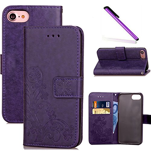 COTDINFOR iPhone 8 Coque Housse Lucky Clover Fille Femme Élégant Rétro Fait Main Portefeuille avec Béquille de Carte de crédit Magnétique Flip Étui Cuir pour iPhone 7/8 Clover Purple SD