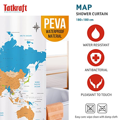 Tatkraft Map Duschvorhang 180X180cm Peva Wasserdicht Schimmelfrei mit 12 Duschringen - 4
