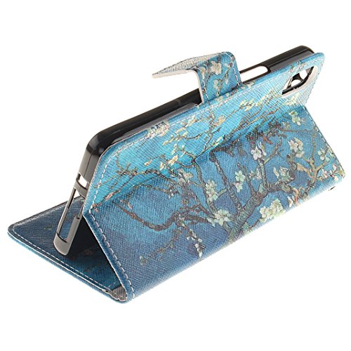 BQ Aquaris X5 Schutzhülle HuaForCity® Brieftasche Schutzhülle Case Hülle für BQ Aquaris X5,Kreative Blau Baum Muster Design Tasche Hülle Book Style PU Leder Wallet Case Flip Folio Ledertasche Brieftasche mit Silikon Kratzfest Magnet Standfunktion und Kartenfächer Etui Handyhülle für BQ Aquaris X5-Blau Baum - 6