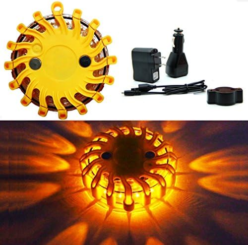Charged LED Road Flares Flashing Warning Light Roadside Flare Emergency Disc Beacon, Magnetic Base for Car or Marine - Rainproof (Yellow)