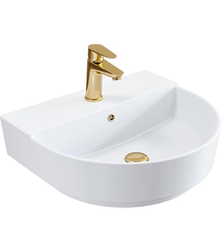 Lavabo Sospeso Corel Rotondo - Ceramica Bianca, 56x47x19cm, Con Foro Rubinetto E Troppopieno