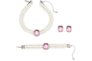Gkaopi Women's Pearl Jewellery Set 3 PCS Pearl Necklace Earrings Bracelet Set Vintage Multilayer Pearl Crystal Necklace Bracelet Jewellery Gift for Valentines Birthday Mothers Day Party Weddings