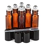 6pcs/Set - 10ml (1/3 Ounce) Empty Refillable Amber/ Brown Metal Roller ball Roll on Glass Bottles Kit with Dropper Pipettes and Free Transfer Funnel For Fragrance, Aromatherapy Essential Oil, Perfume, Serum, Cosmetics, Lotion, Treatment, Both At Home and Travel Outdoor Suitable