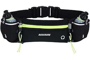 ROSSRORE Unisex Running Hydration Belt with 2x6oz Water Bottles - No Bounce Design, Waterproof Waist Pack for Phone, Reflective Gear for Runners, Cyclists, Hiking (Green)
