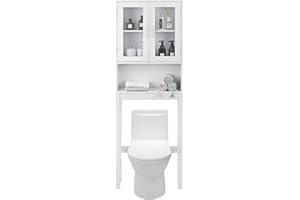 LIFEZEAL Estantería sobre Inodoro, Armario con 2 Puertas de Vidrio Esmerilado, Mueble de baño con Estante Ajustable, 57,5X 18,5 x 163 CM, Blanco