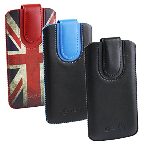 Emartbuy® Pack of 3 - Union Jack Print, Black/Blue & Black/Black Premium PU Leather Slide in Pouch Case Cover Sleeve Cover Holder (Size LM4) Suitable For Dupad Story Marshall 5.5 Inch