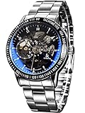 Alienwork IK Herren Damen mechanische Automatik-Uhr Silber mit Edelstahl Metallarmband schwarz Skelett