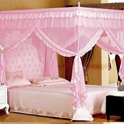 Candoran Romantic ! Candora Lace Netting Pink 4 Corner Post Bed Canopy Mosquito Twin Sizes Netting (No Bracket) (100*200*200cm)