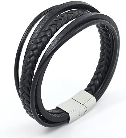 Men's Leather Bracelet Multilayer Genuine Braided Leather with stainless steel clasp gift for men 8.5Inch