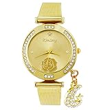 Souarts Damen Vergoldet Farbe Rose Strass Armbanduhr Armreif Uhr mit Batterie Zifferblatt