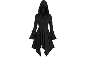 LOSSLO Umhang Mittelalter Damen ,Umhang mit Kapuze,Kapuzenumhang Gothic Vampir Cape Mantel Korsett Top Vintage Robe Rot und Schwarz Hexen Cosplay Uniform für Erwachsene Fasching Halloween Karneval Kostüm
