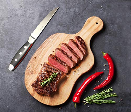 Kneifs Steakmesser Set 4-teilig | Deutscher Rostfreier Stahl | Holz Geschenkbox | Scharfe Messer Wellenschliff | Premium Griff Schwarz Rot - 4