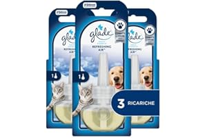 Glade liquido elettrico Profumatore per Ambienti con Oli Essenziali, Fragranza Refreshing Air™, Combatte gli odori degli animali domestici, 3 Ricariche