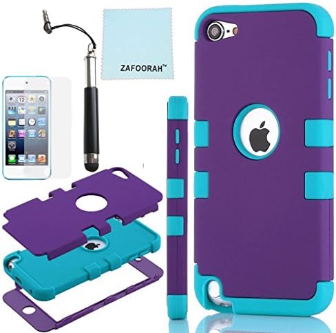 iPod Touch 5th 6th Generation Case, iPod Touch 5/6 Case Genuine ZAFOORAH Hybrid Shockproof Hard Defender 3 Layers with 3 Bonus items Stylus, Screen Protector, Microfiber Cloth (Double Clip - 3 Layers - Purple/Light Blue)