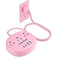 Pink Extension Cord with Surge Protected 1080J - 5 FT Flat Extension Cord, 1625W Cute Extension Cord with 3 AC Outlet 4 USB (24W/4.8A), Compact for Cute Pink Kawaii Desk Home Essentials