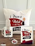 ALDIVO Combo Pack of Satin I Have A Hero I Call Him Grandpa Cushion Cover with Filler 12x12 Inch, Printed Mug, Greeting Card, Printed Key Ring