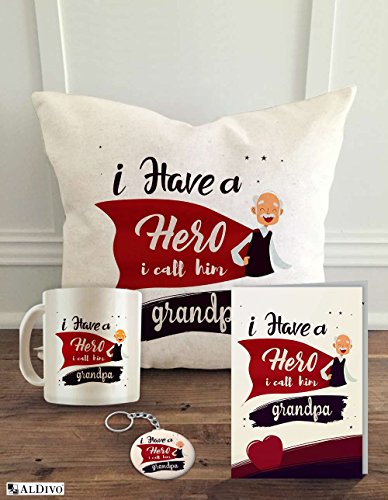 ALDIVO Combo Pack of Satin I Have A Hero I Call Him Grandpa Cushion Cover with Filler 12x12 Inch, Printed Mug, Greeting Card, Printed Key Ring