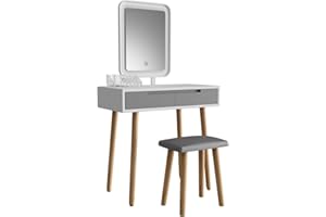 YOURLITE Dressing Table with LED Lights Mirror - White Vanity Makeup Table Set with Adjustable Brightness Mirror, Cushioned Stool and Free Make-up Organizer (White+Grey+Rectangle Mirror)
