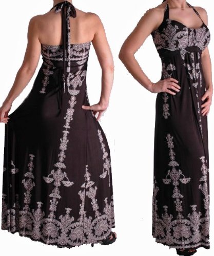 EyeCatchClothing - Slinky Long Maxi Halter Neck Print Dress Black M/L