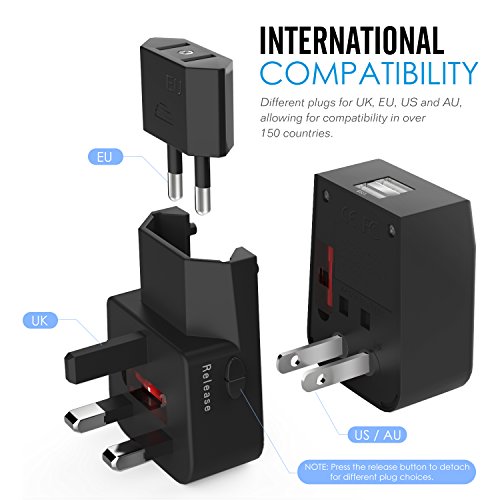 MoKo Universal Reiseadapter – All-in-One US / EU / UK / AU Reisestecker AC Power Wall Charger Konverter Stecker Adapter mit 2 USB Ports 2.1A für Smartphone, iPhone, iPad, MP3 Player, Tablet, Schwarz - 3