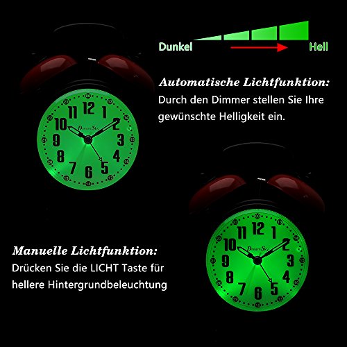 DreamSky Doppelglockenwecker mit sensorgesteuerter Lichtfunktion, Nachtlicht und Schlummerfunktion, 4 Zoll großes Zifferblatt, Analog Quarzwecker mit lautem Alarm, kein Ticken, geräuschlos, Batteriebetrieben, Schwarz&Rot - 4