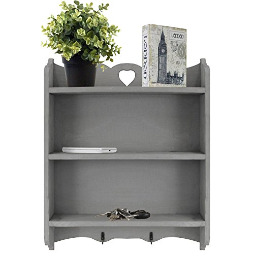 Wandregal 38x9x48cm mit 3 Ebenen und 2 Haken Wandboard Hängeregal Holzregal - Grau