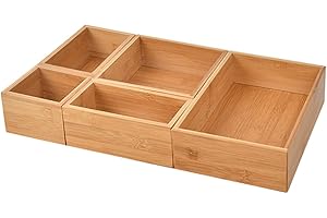 FOROREH Kit Di 5pz Organizer per Cassetti In Bambù, Organizer Rimovibile Rettangolare In Bambù Extra Large Per Armadi Ufficio Cucina e Bagno