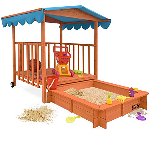 Spielwerk Bac à Sable Bois Massif Toit Bleu Pare Soleil 225x130x143cm Protection UV50 véranda Jeu cabane Enfant Jardin 2 Roues