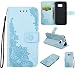 Produktbild Samsung Galaxy S6 Leder Wallet Tasche Brieftasche Schutzhülle,Fanryn Blitzpulver Pfau Blume geprägt Muster Design Hochwertige PU Leder Folio Tasche Case Hülle im Bookstyle mit Standfunktion Kredit Kartenfächer (Blau)